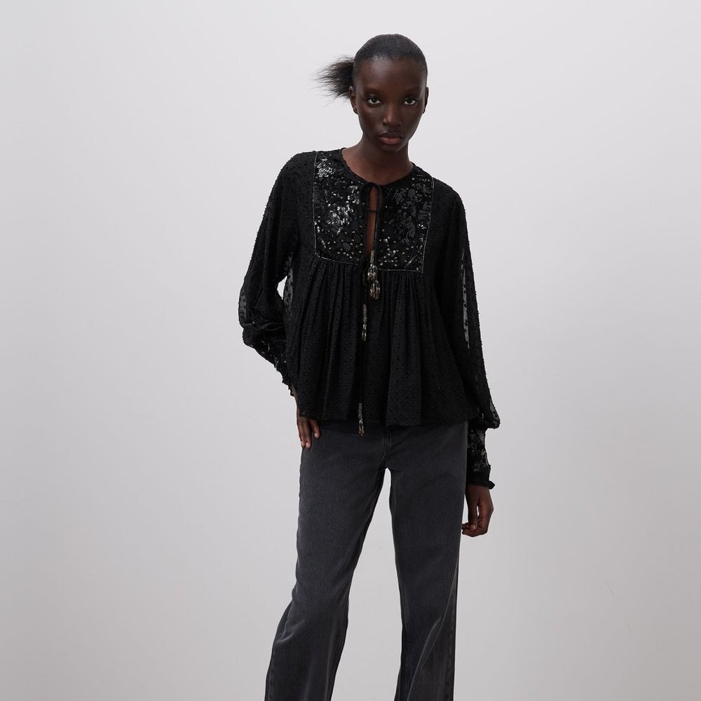 Black Zara Sequin Bead Embellished Clip Dot Tie-Neck Open Blouse Jacket (NWT)